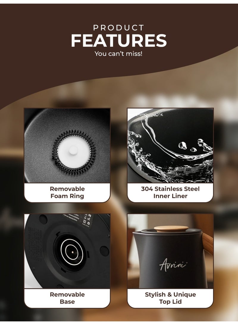 افريني جهاز أفْريني 4 في 1 لتسخين وتبخير الحليب الكهربائي، مزوّد بمقبض خشبي وشاشة LCD، مصنوع من الفولاذ المقاوم للصدأ، جهاز أوتوماتيكي لصنع الرغوة الساخنة والباردة وتسخين الحليب للاتيه والكابتشينو والماكياتو، 500 واط، باللون الأسود - Image 4